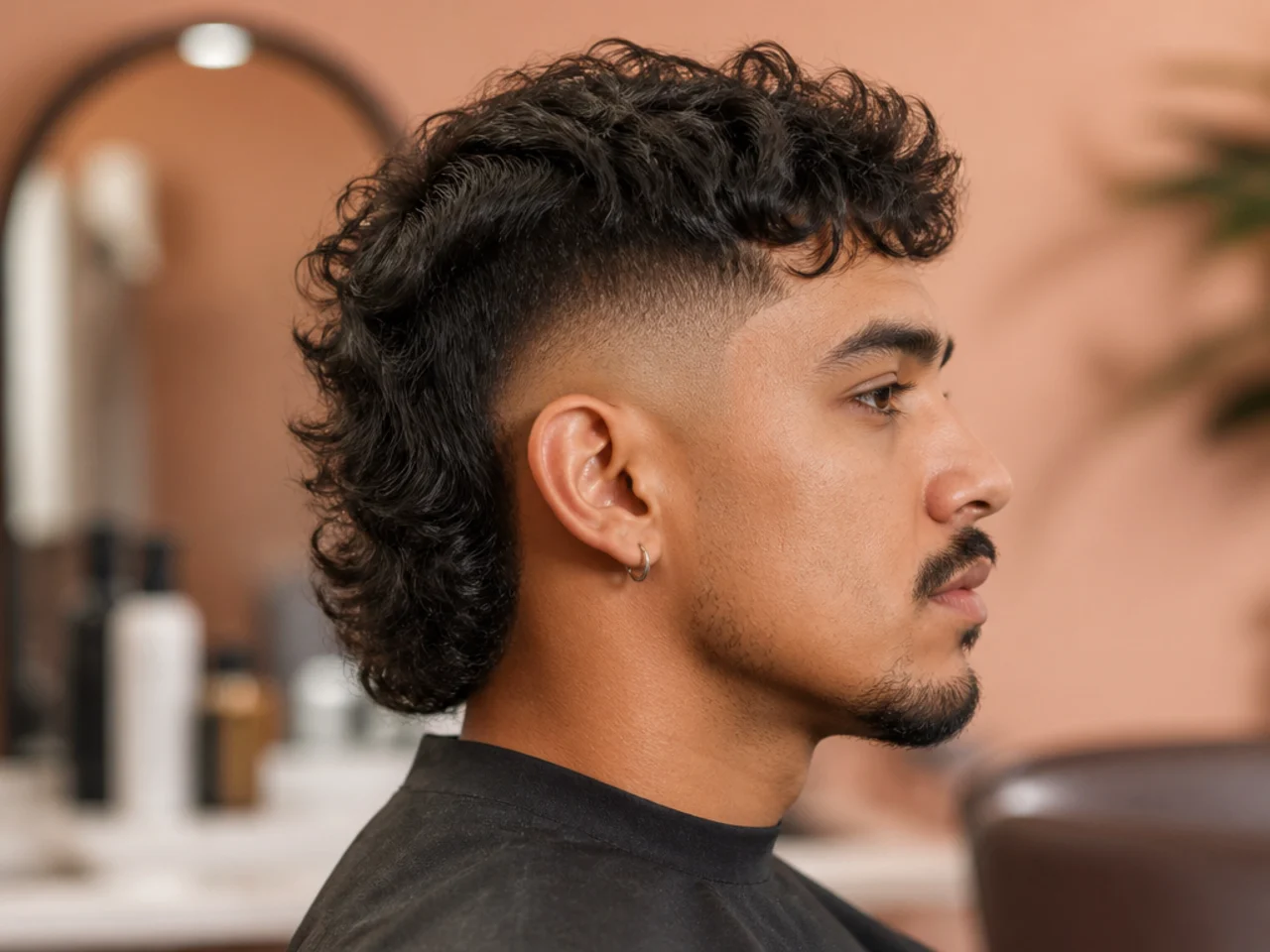 Side-profile diagram of a mullet fade showing two-inch back length, mid fade at the temple, and textured top