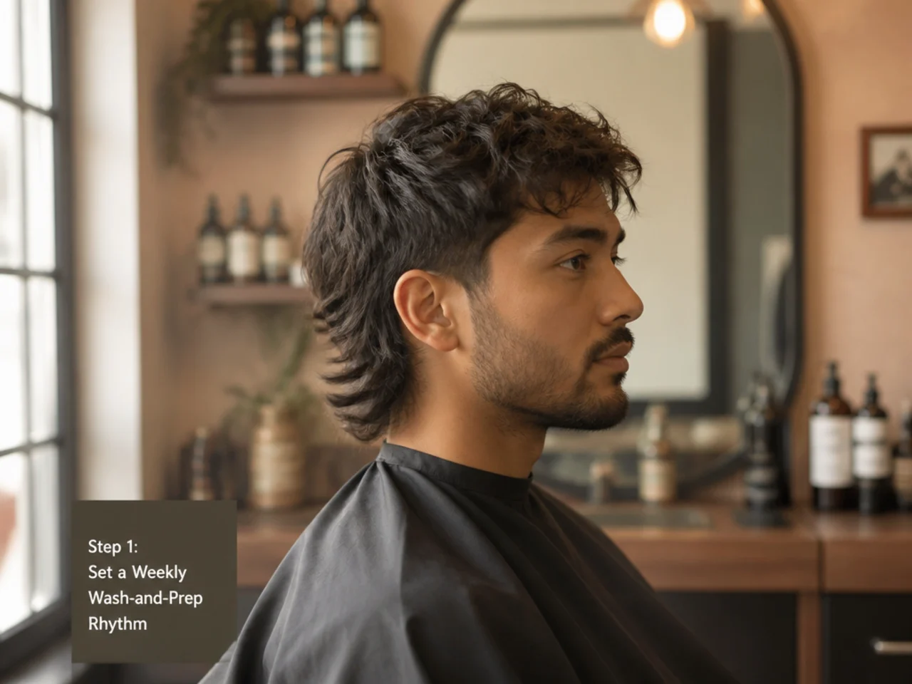 Man rinsing shampoo out of a short mullet at a bathroom sink, close-up on the layered top and nape