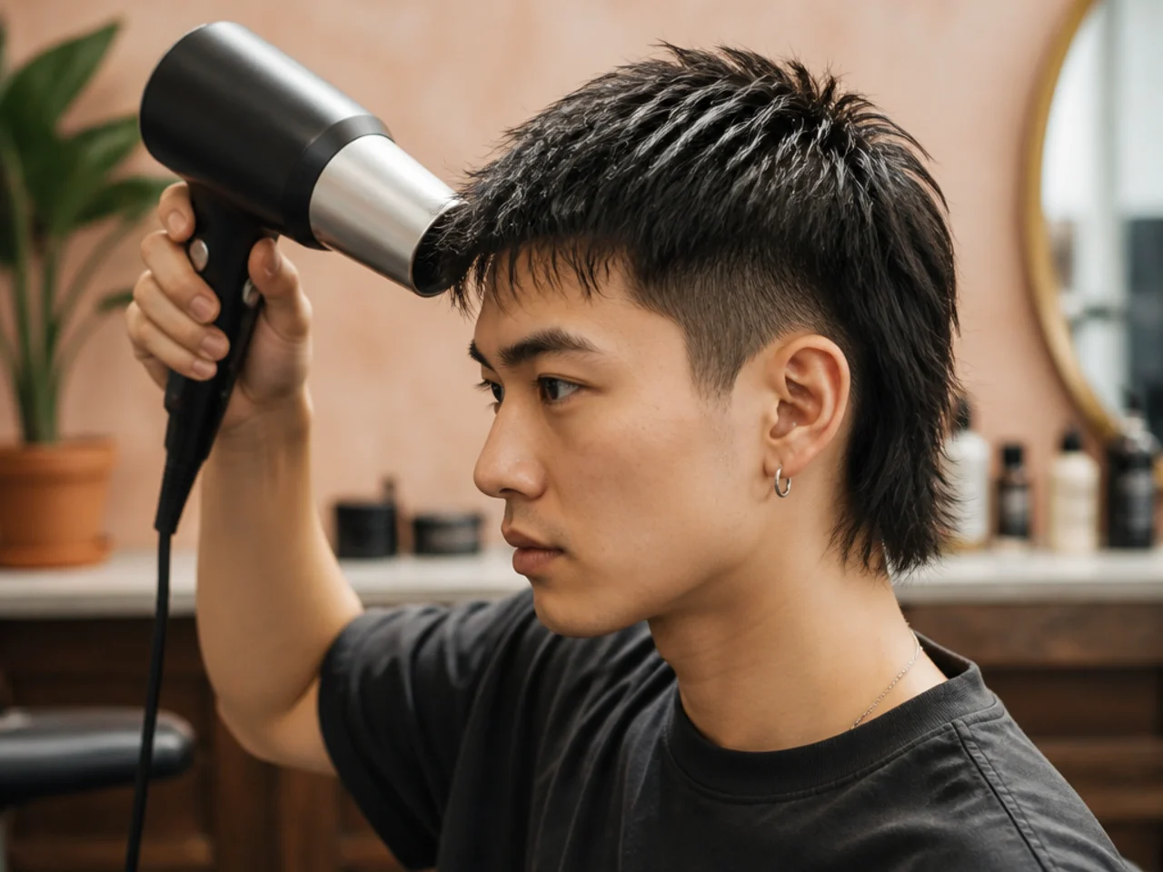 Man rough-drying a short mullet with a hand-held blow-dryer, fingers lifting the roots at the crown