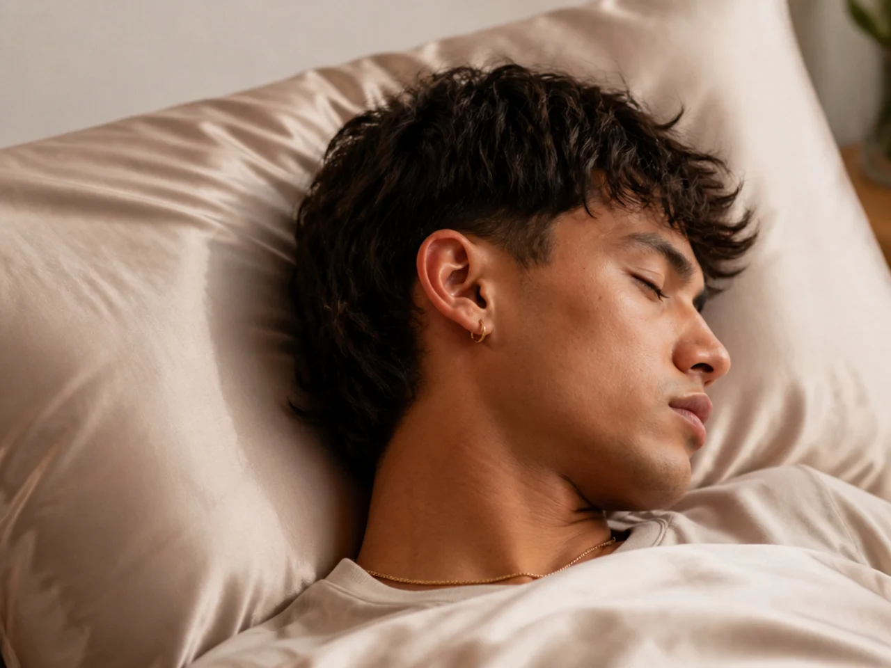 Silk pillowcase on a bed with a short mullet resting on the pillow, showing preserved texture and no crease line