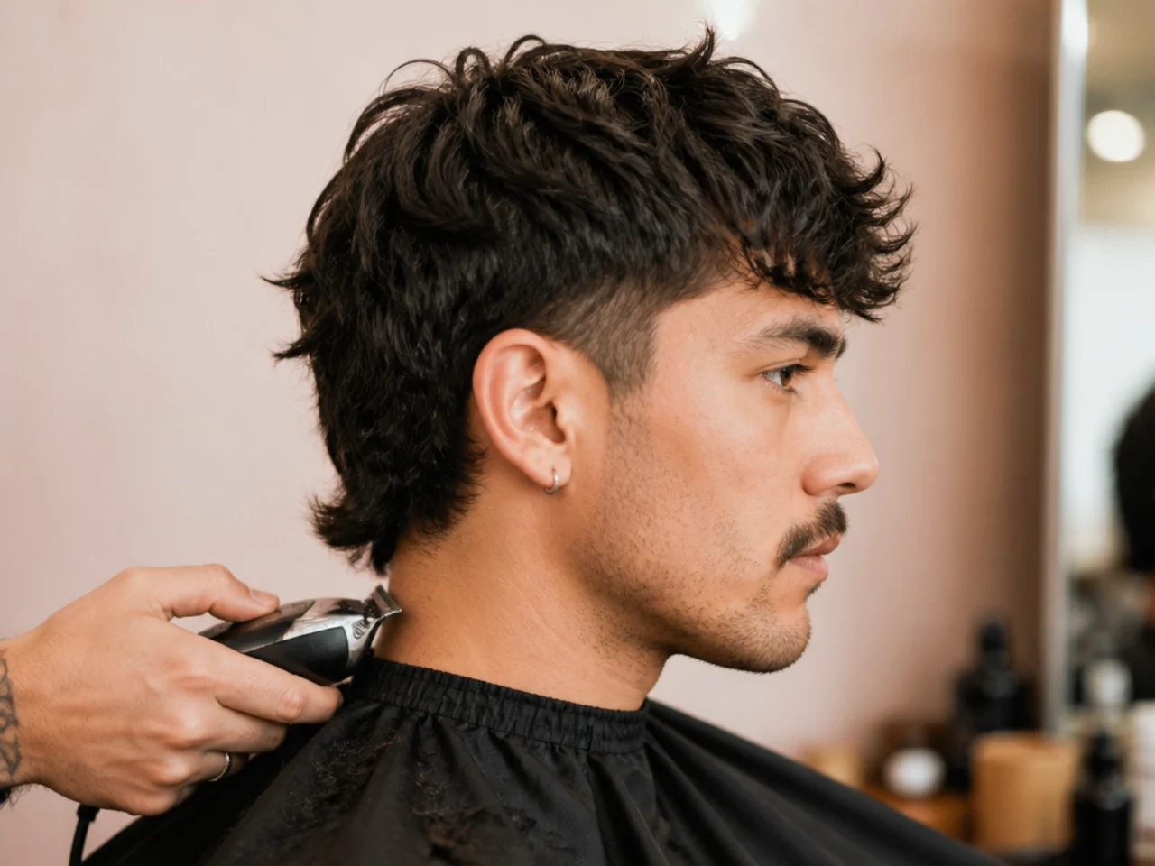 Man using a battery trimmer at the back of his neck with a hand mirror, removing neckline fuzz below the mullet nape