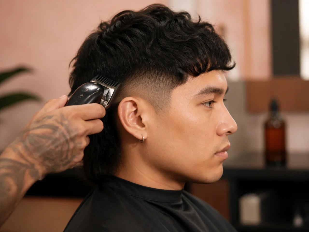 Man carefully running a guarded clipper up the side of his head to refresh a low taper on a short mullet