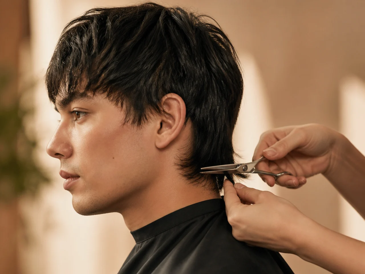 Man point-cutting the tips of his mullet nape with small hair shears in a bathroom mirror