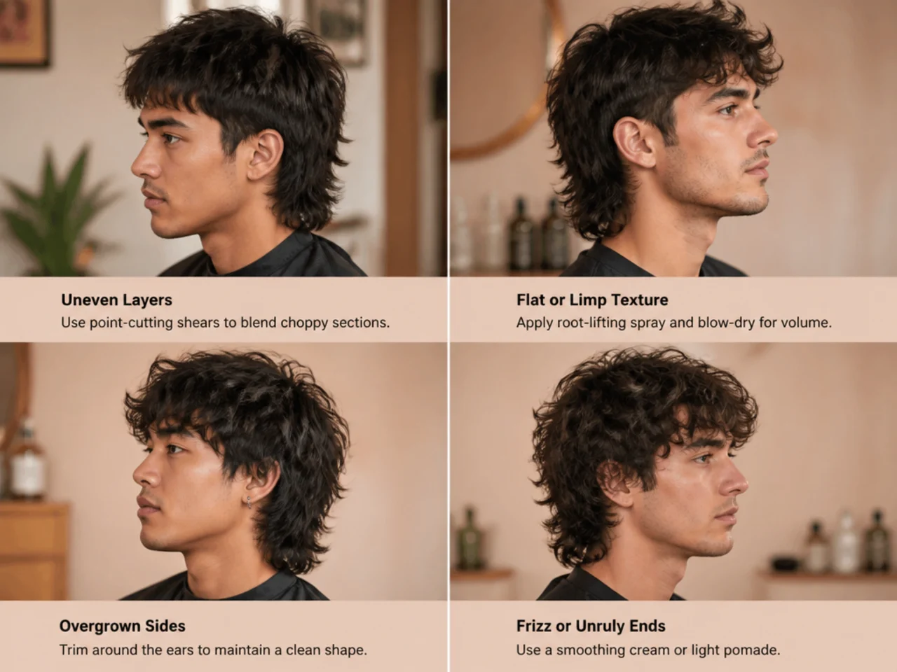 Split-screen comparison of a short mullet on a bad hair day next to the same cut styled correctly
