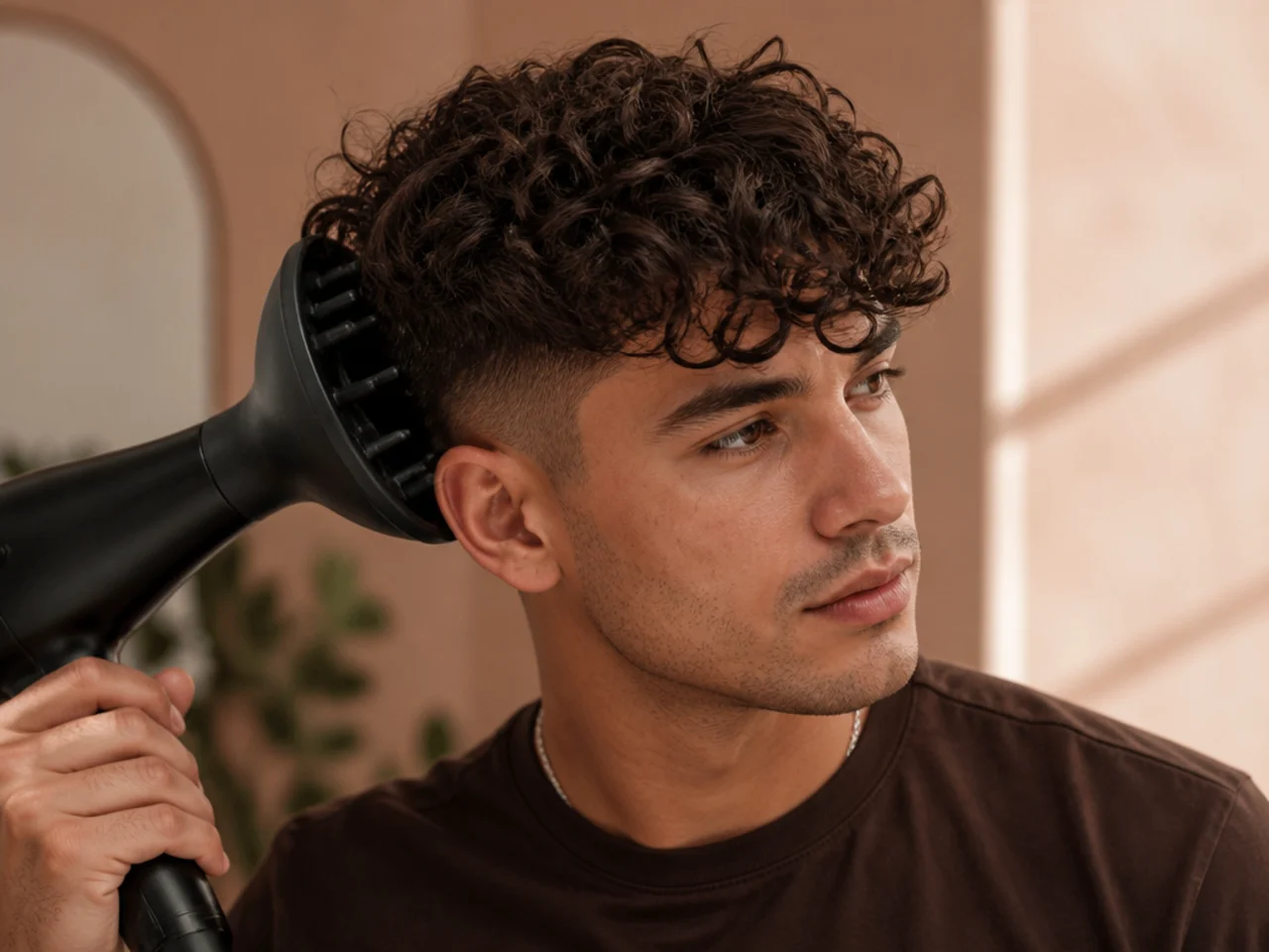 A diffuser cupped under curly hair