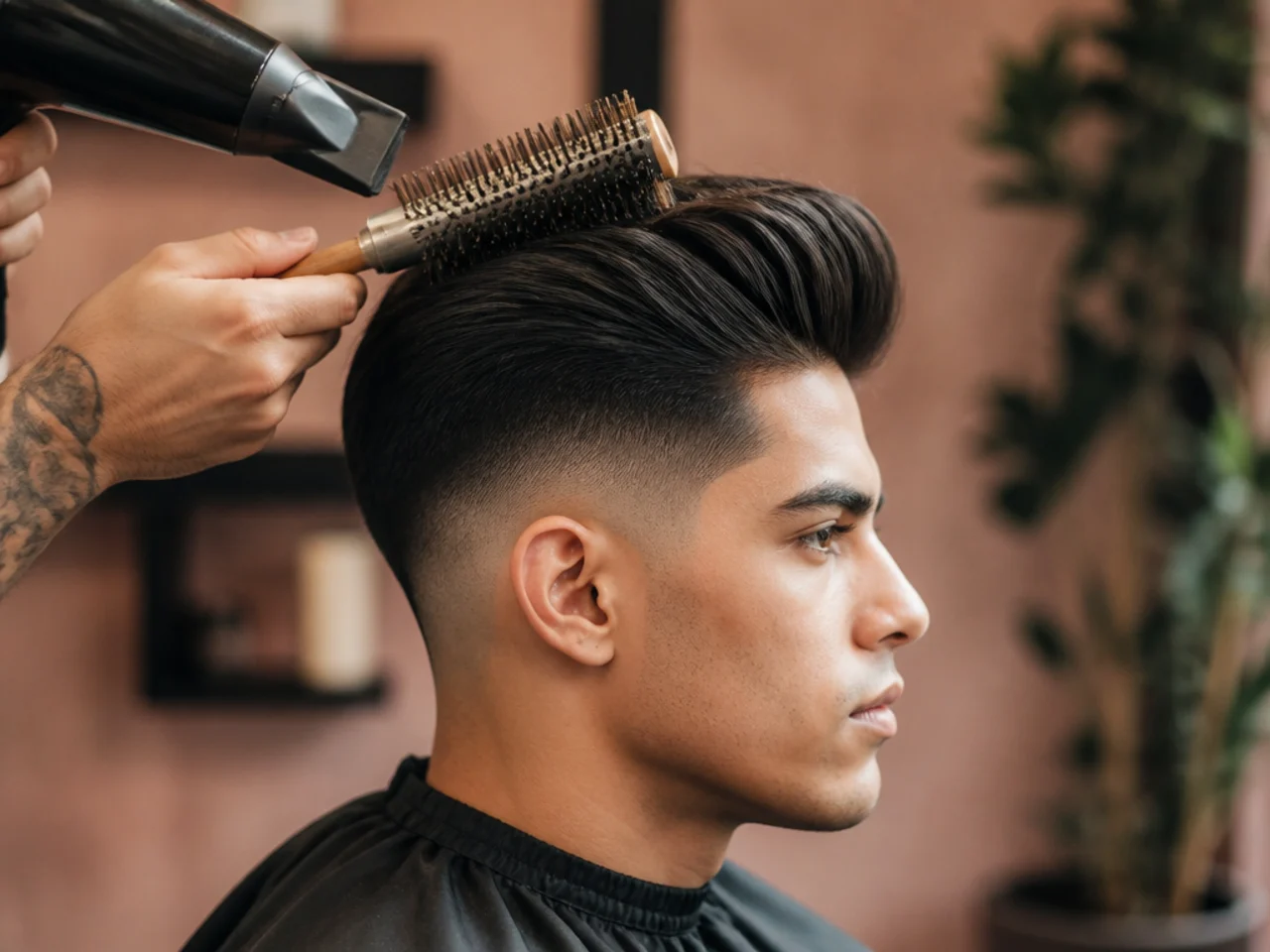 A round brush lifting the front of a quiff