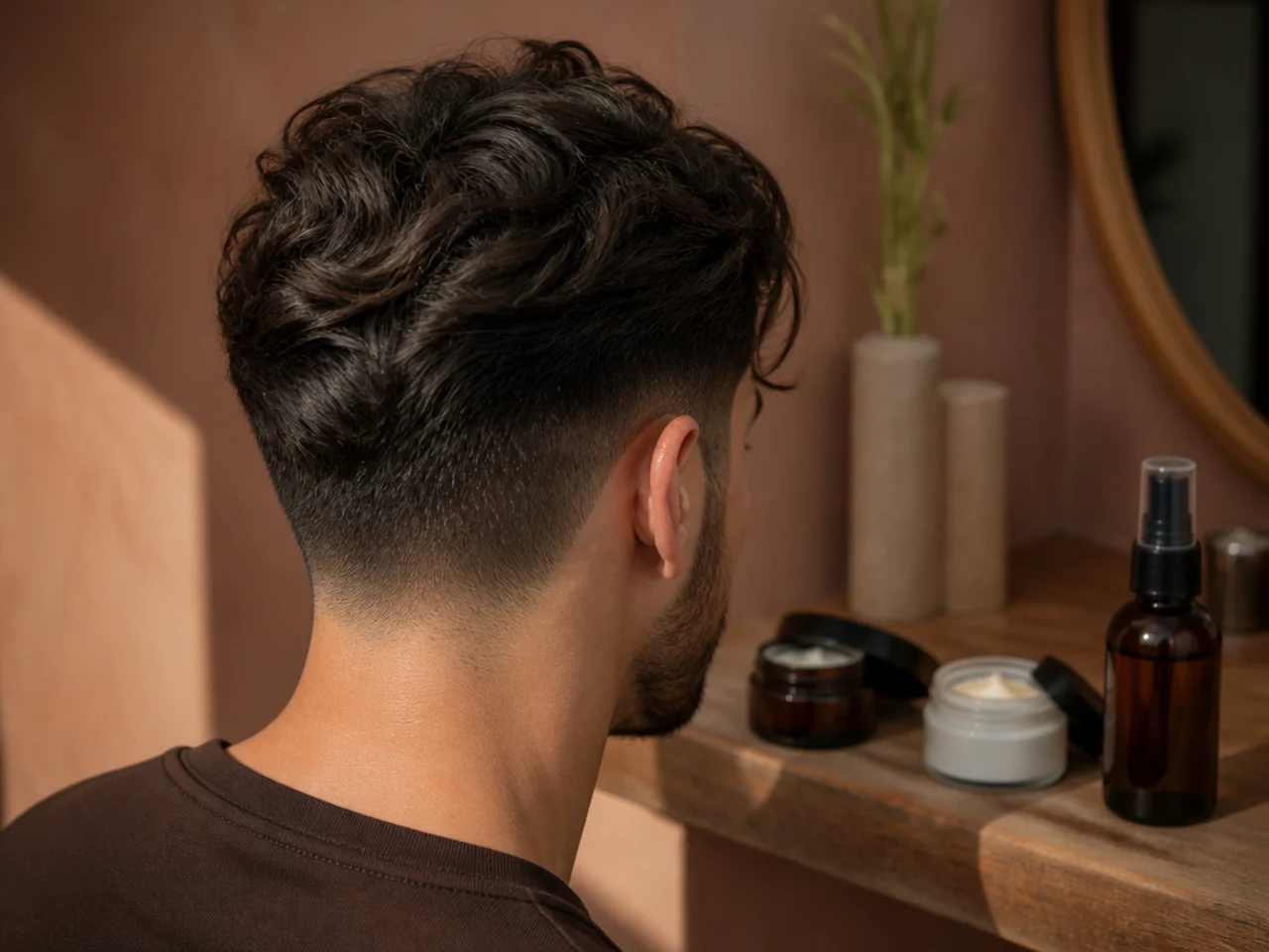 Clay, cream and salt spray on a bathroom shelf