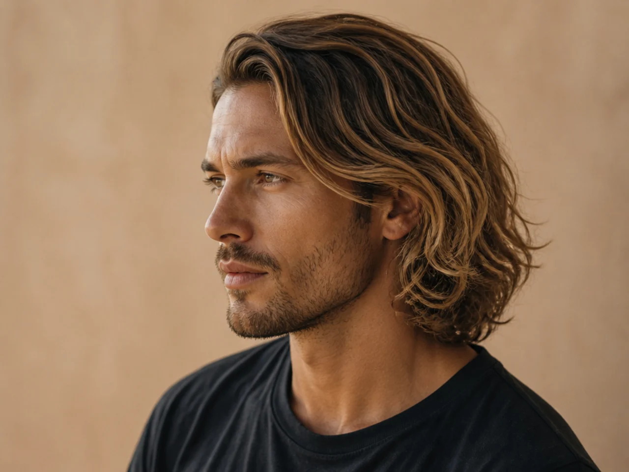 Classic surfer flow medium length haircut style with tousled waves