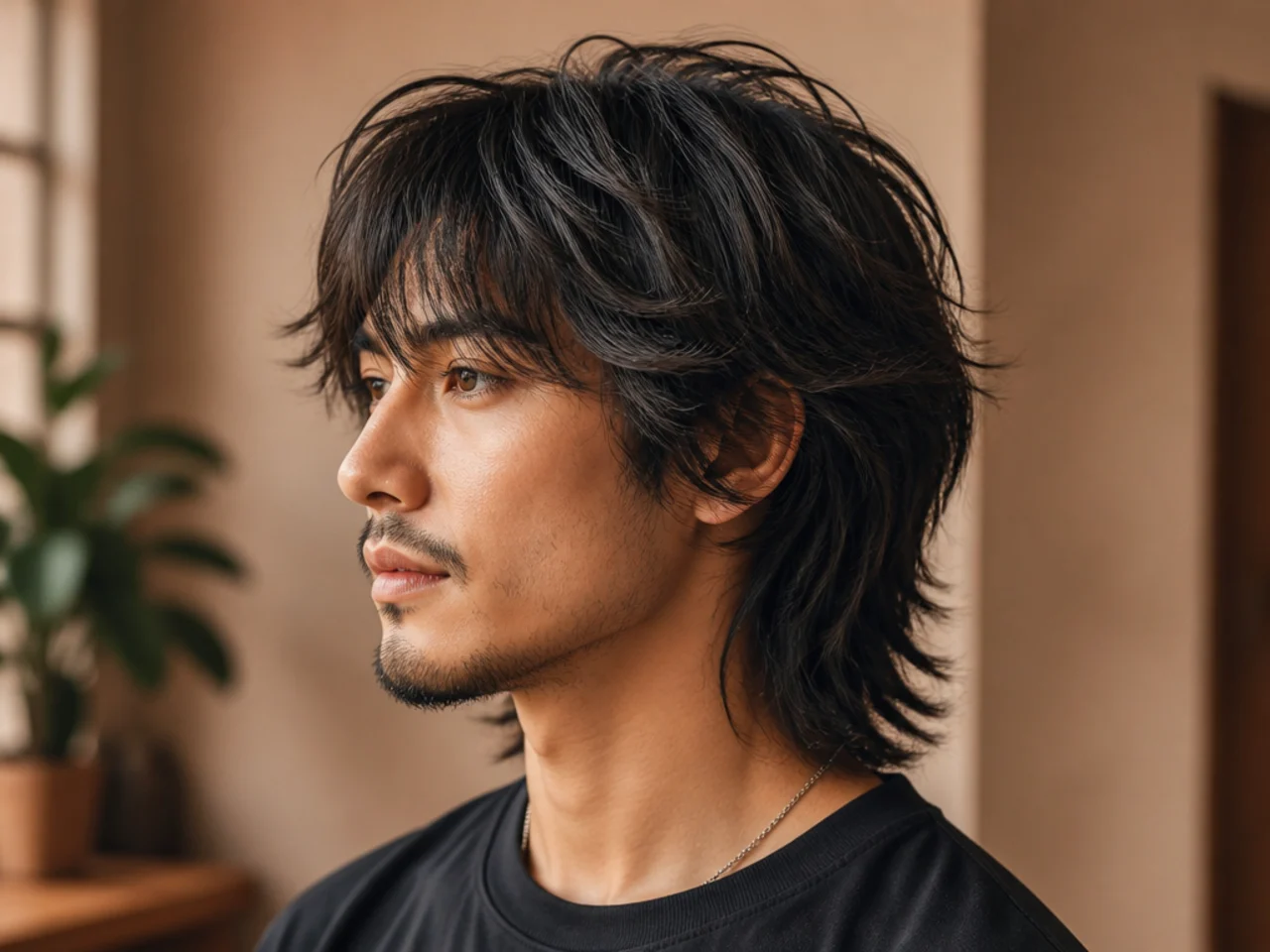 Feathered wolf cut medium length haircut style with crown volume