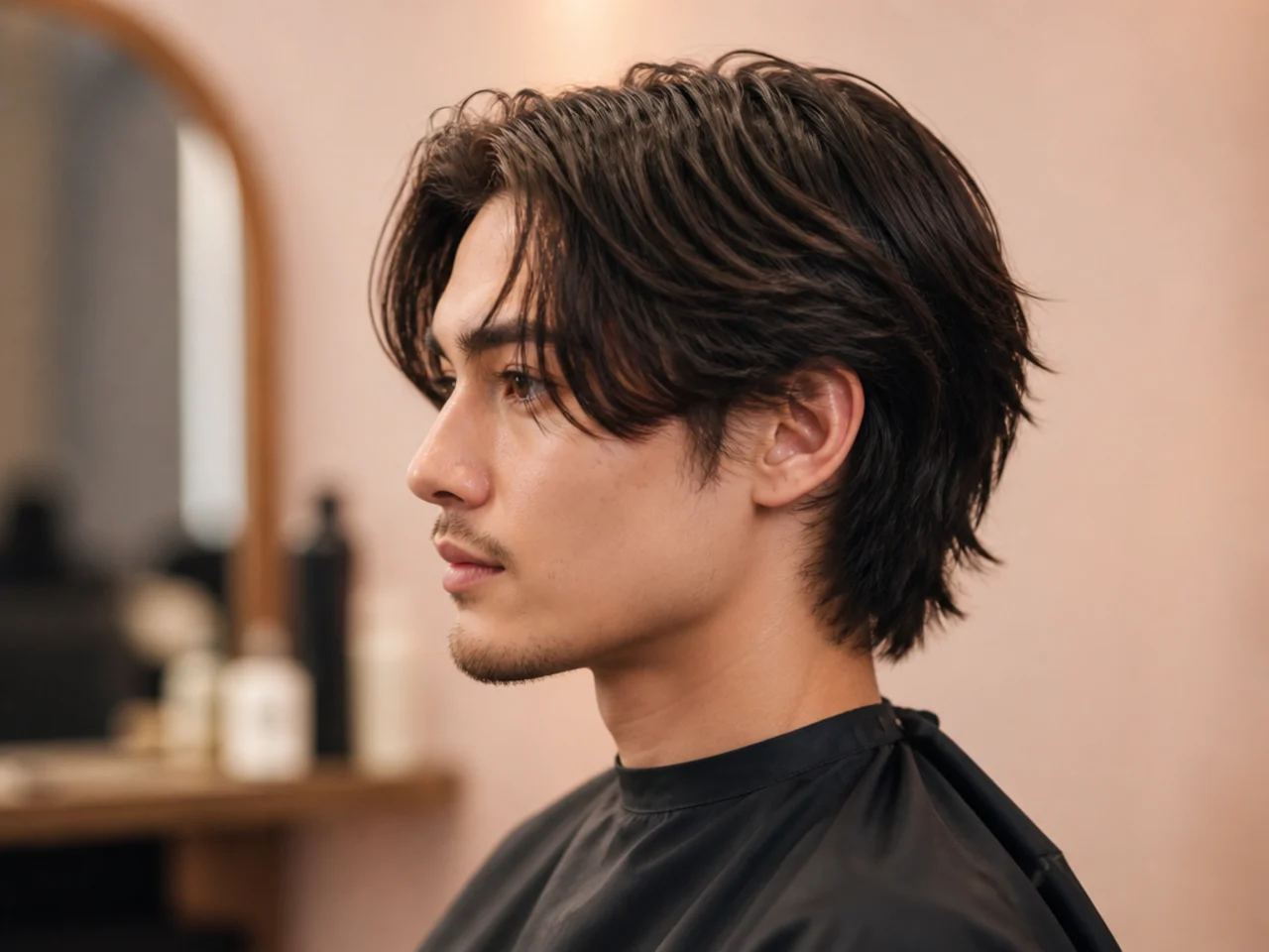 Razored runway curtain medium length haircut style with soft central part