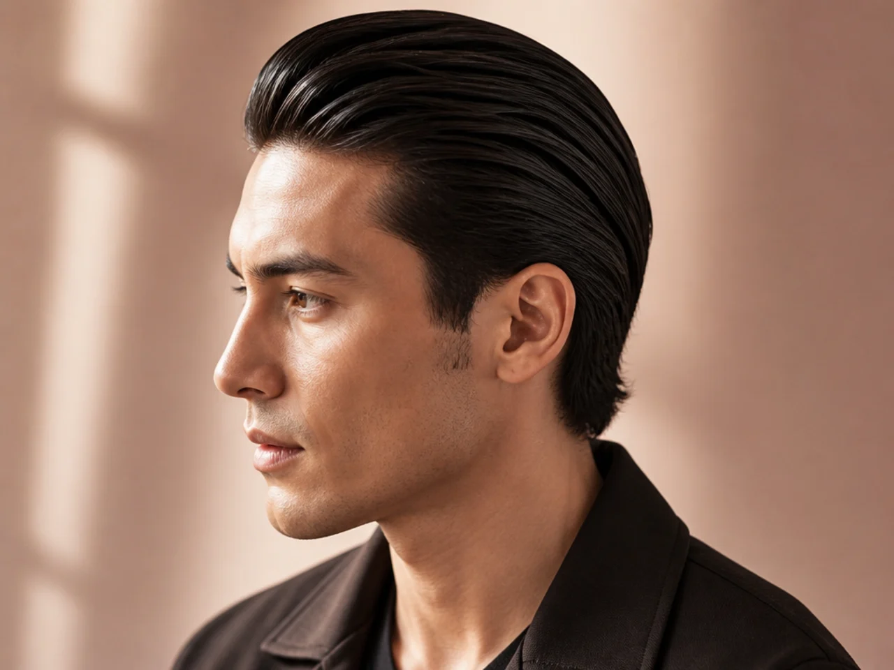 High-shine slick back medium length haircut style with mid fade