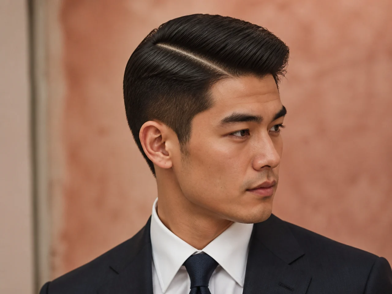 Executive hard-part comb-over medium length haircut style with defined side part