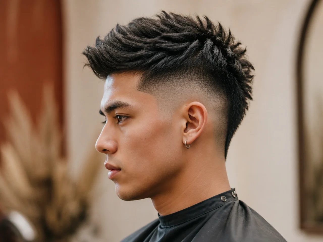 Faux hawk with skin fade medium length haircut style with lifted center strip
