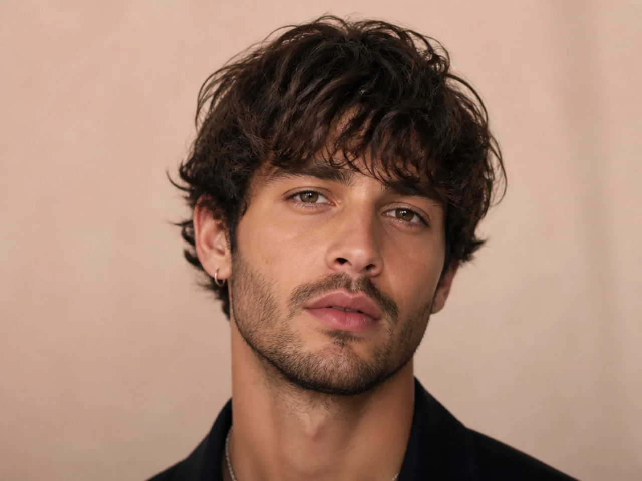 Chaos fringe medium length haircut style with disconnected forward sweep