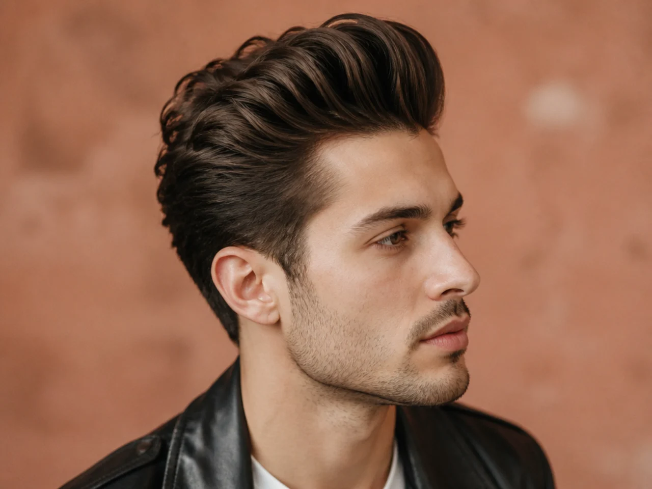 Neo-rockabilly pompadour medium length haircut style with high front and skin fade