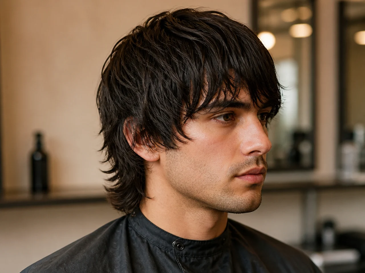 Beatnik long fringe medium length haircut style with heavy forehead sweep