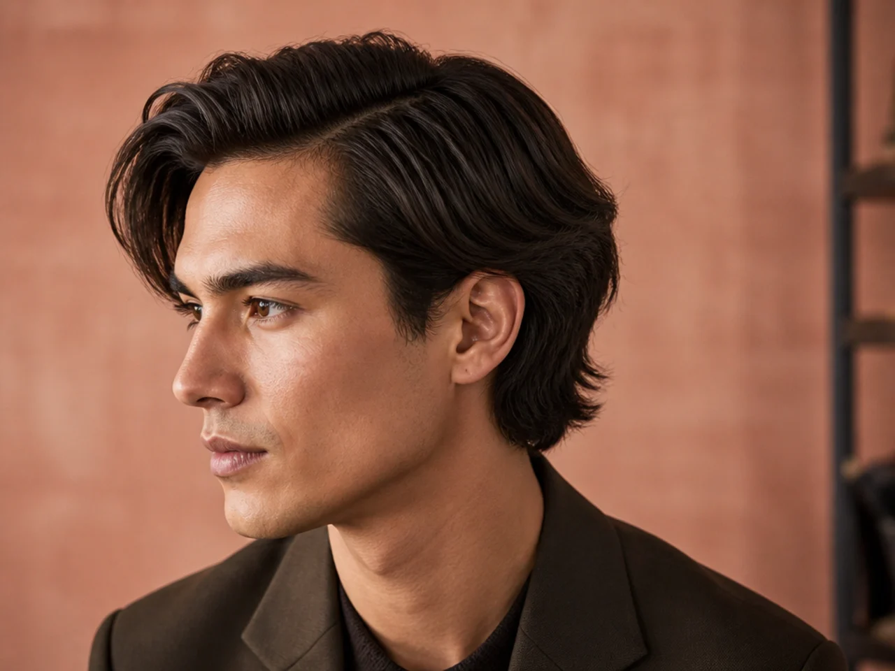 Blazer-ready side part medium length haircut style with low taper