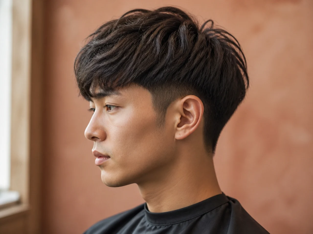 Two block disconnect medium length haircut style with layered top and clipper sides
