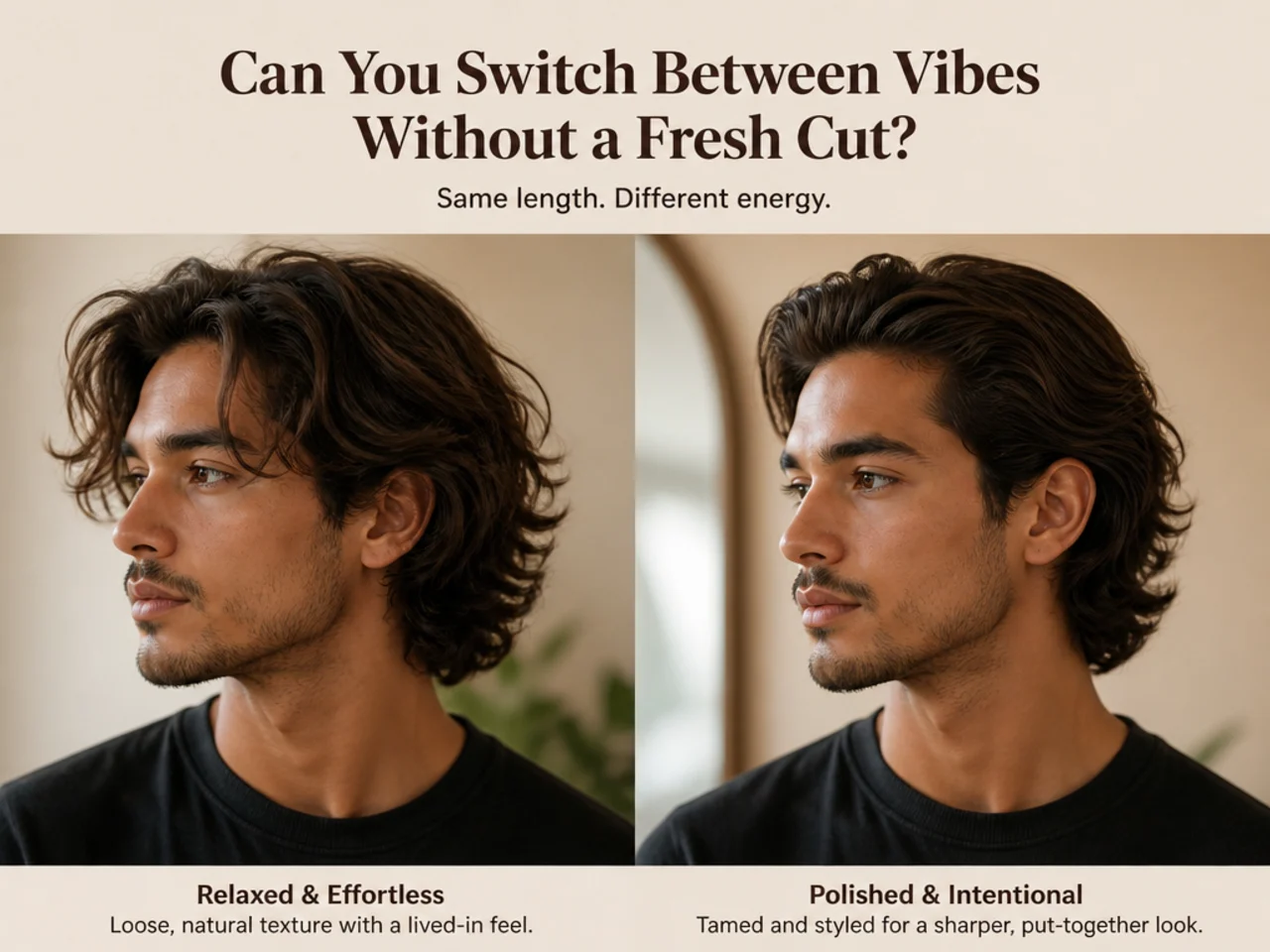 Switching between medium length haircut vibes with product