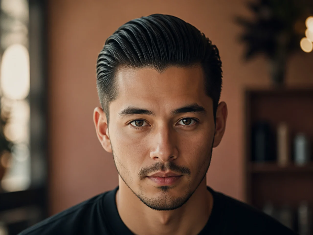 A slicked-back haircut
