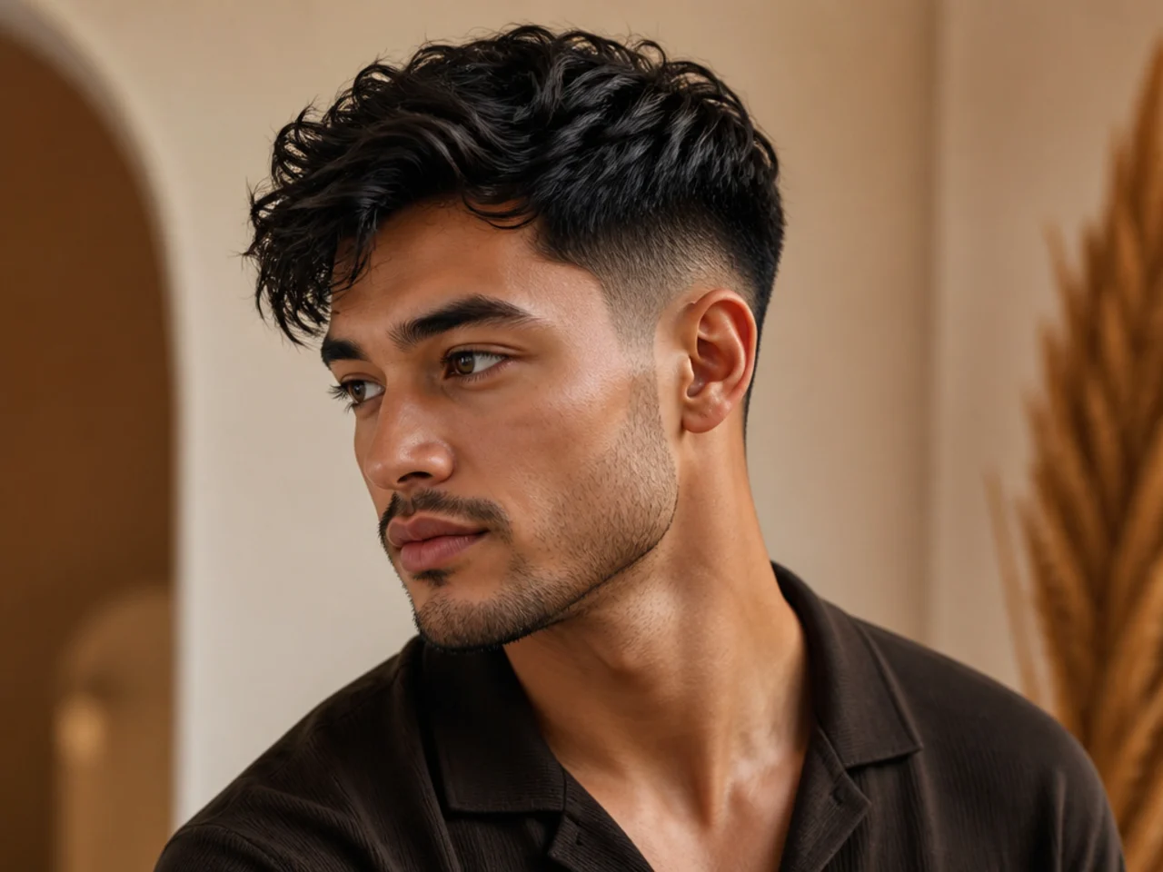 Three-quarter view of a well-specified men's haircut
