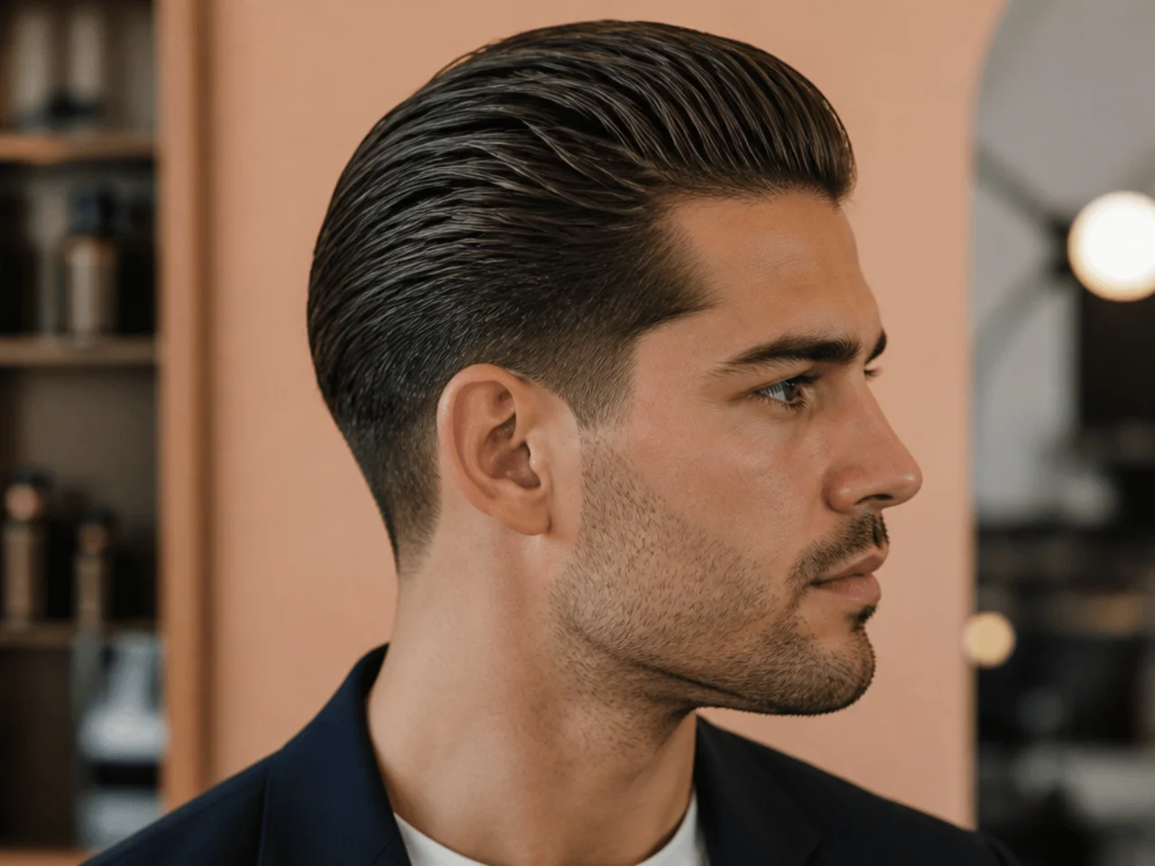 Executive mens low taper slick back on a straight-haired client in a tailored shirt and tie