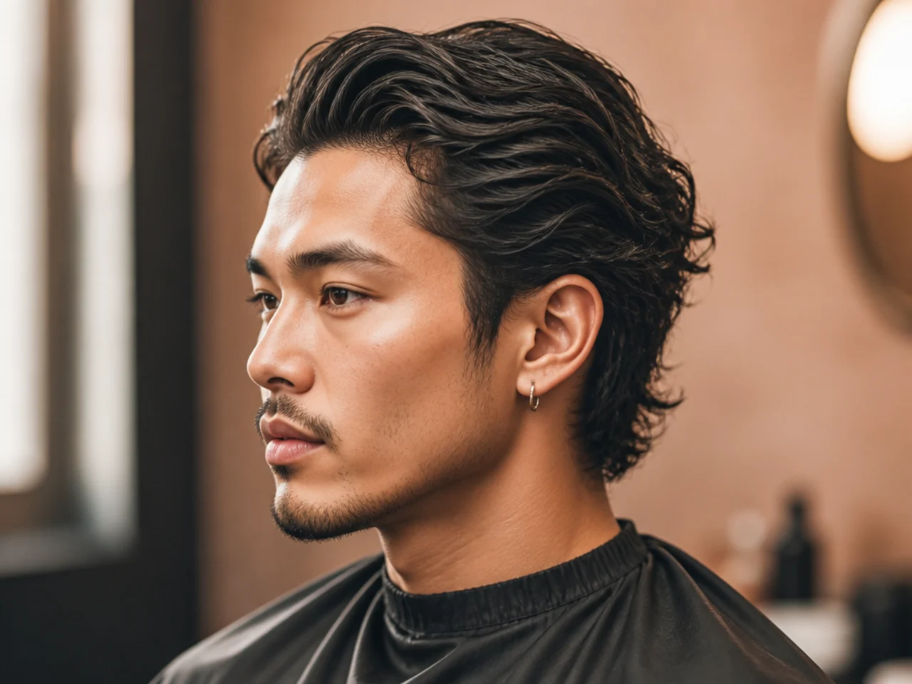 Wavy mens slick back with visible natural S-wave pattern preserved on a taper-cut base