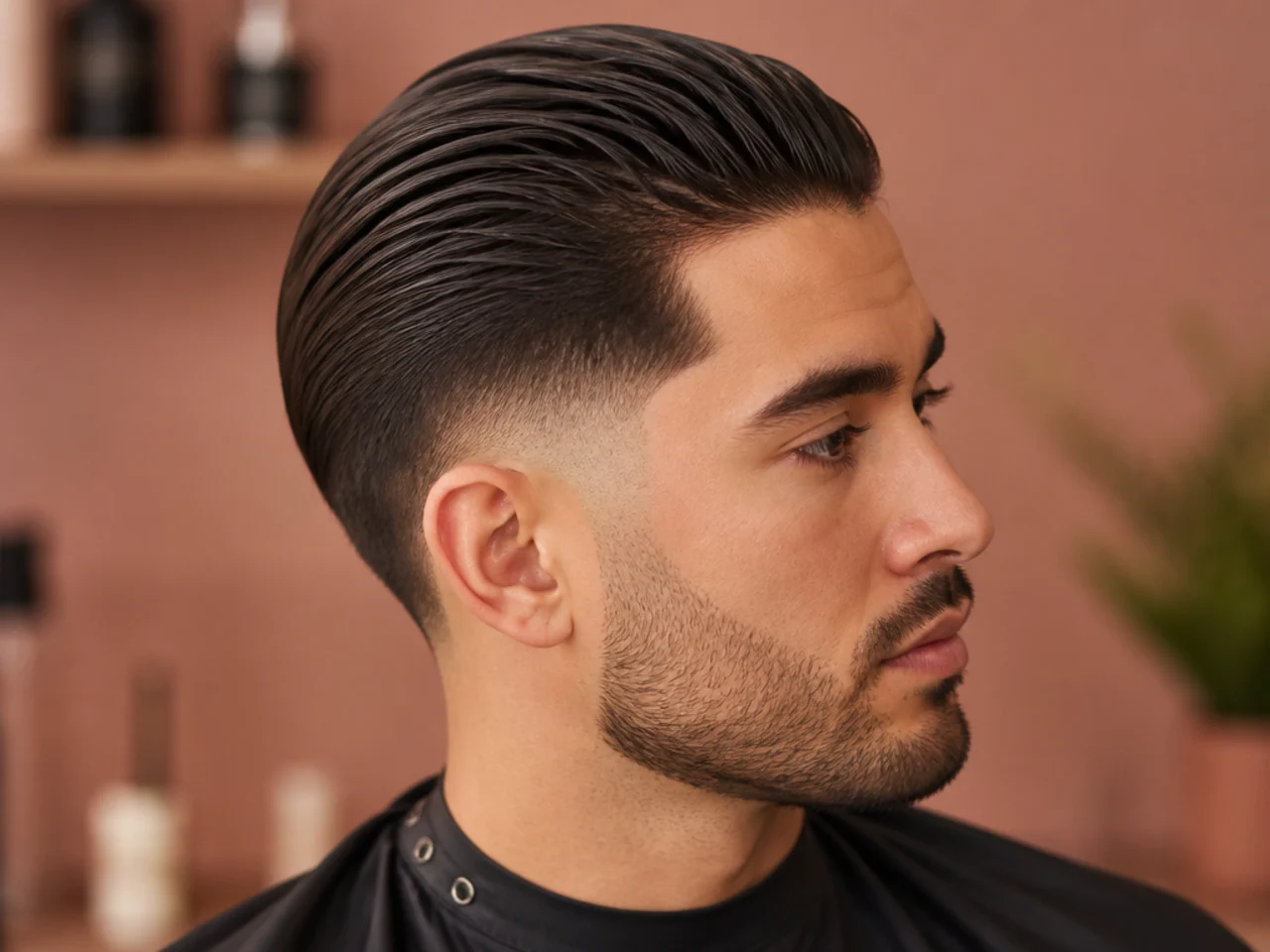 Mens slick back with mid fade at the temple line on straight dark hair in a warm-lit barbershop