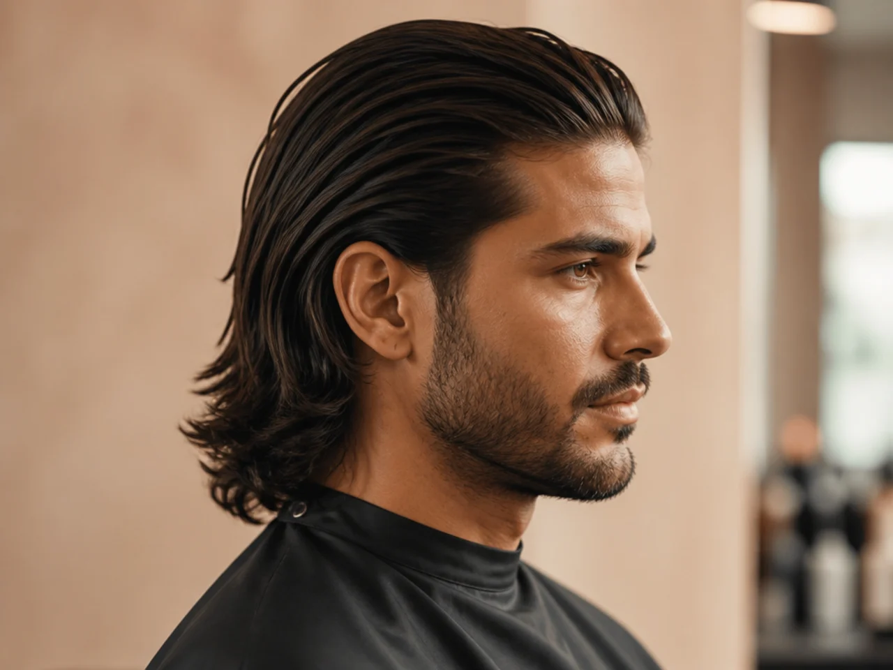 Long mens slick back with natural flow and layered ends on a wavy-haired client with a short groomed beard