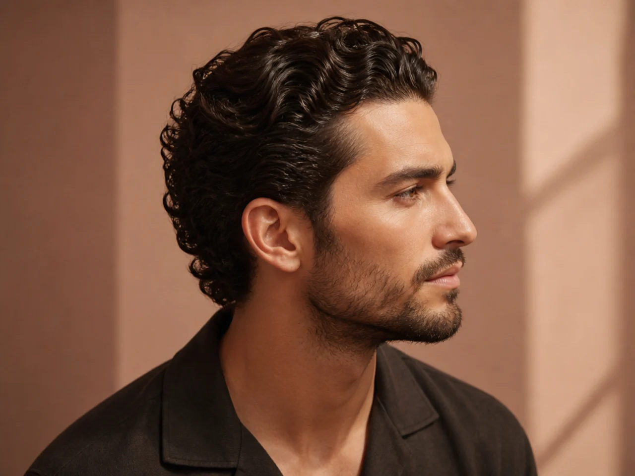 Curly mens brush back with defined type-3B pattern brushed backward over a low taper fade