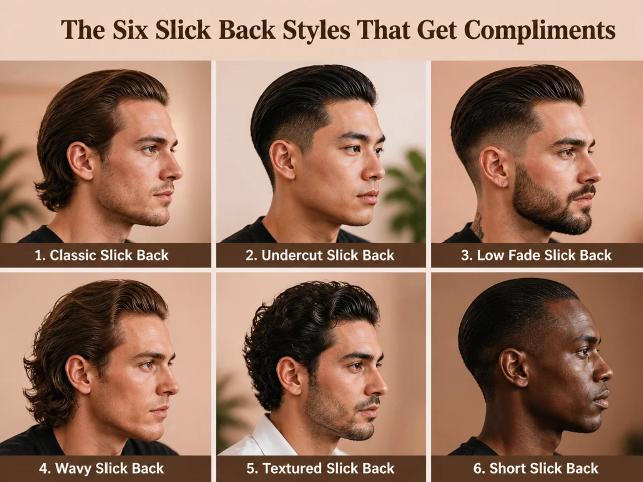 Editorial grid of six mens slick back haircut variations photographed in warm barber-shop light