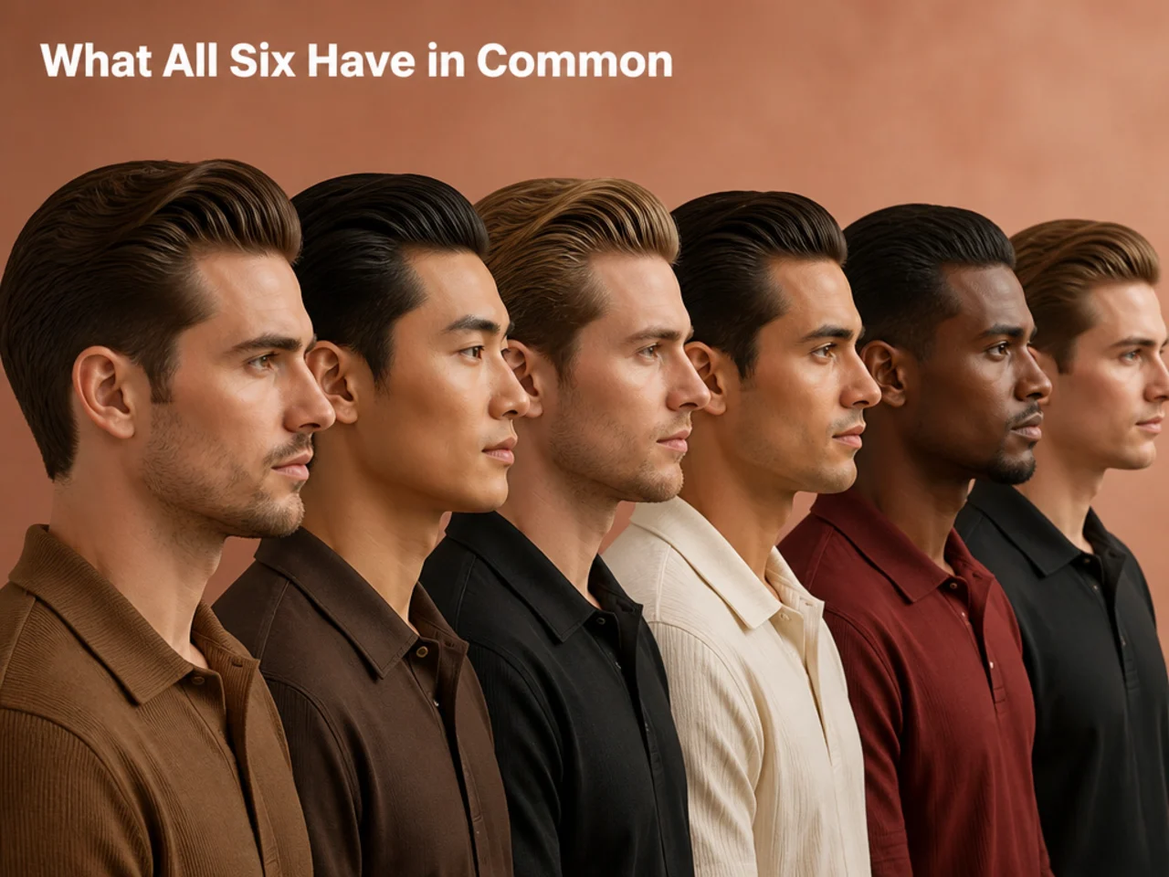 Editorial grid comparing the six mens slick back styles side by side in warm barber-shop light