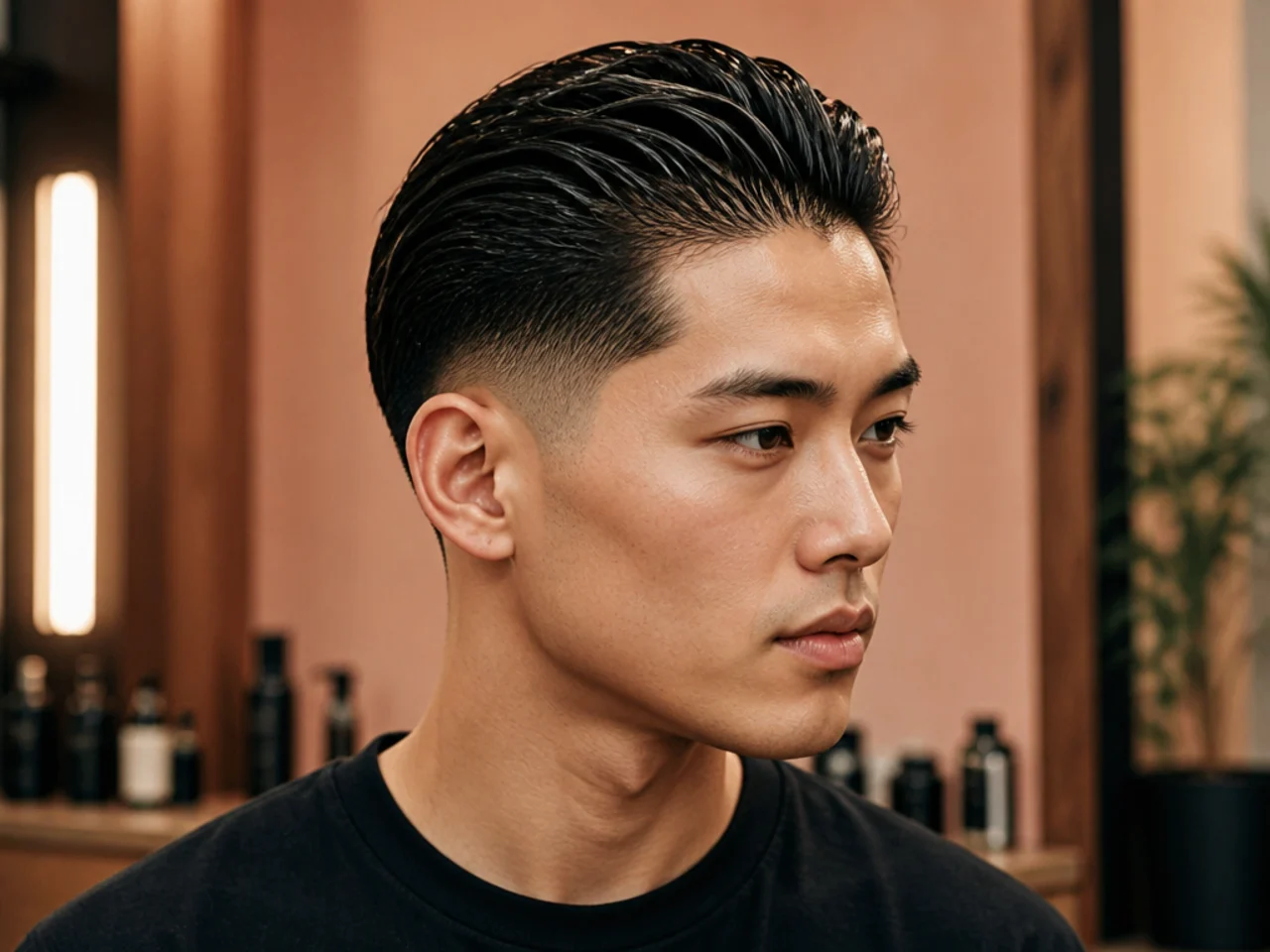 Barber and client both looking at the mirror after a fresh slick back haircut
