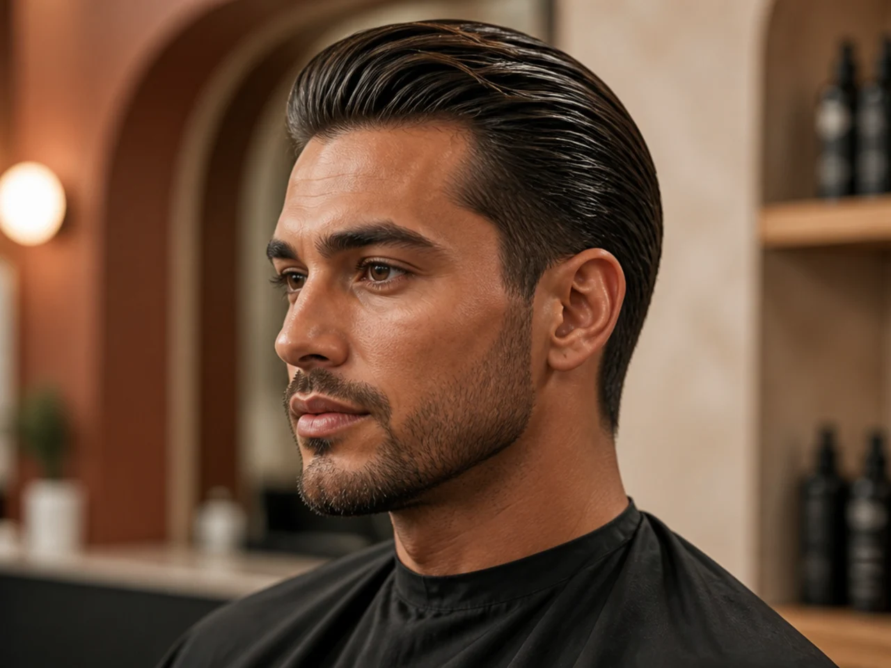 Fresh mens slick back haircut with a low fade and matte finish photographed in warm barber-shop light