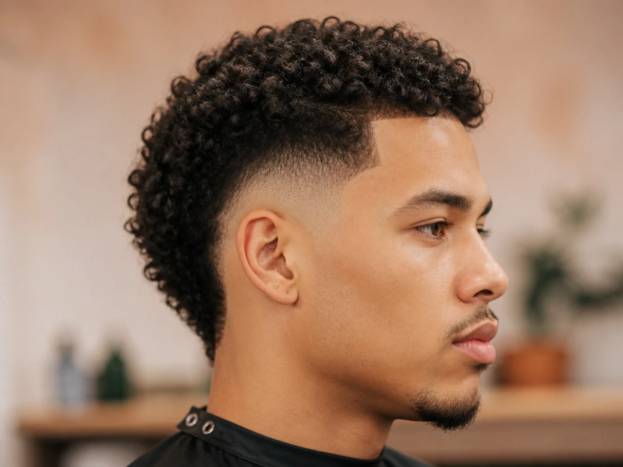 Burst fade radiating around the ear with length preserved at the back neckline