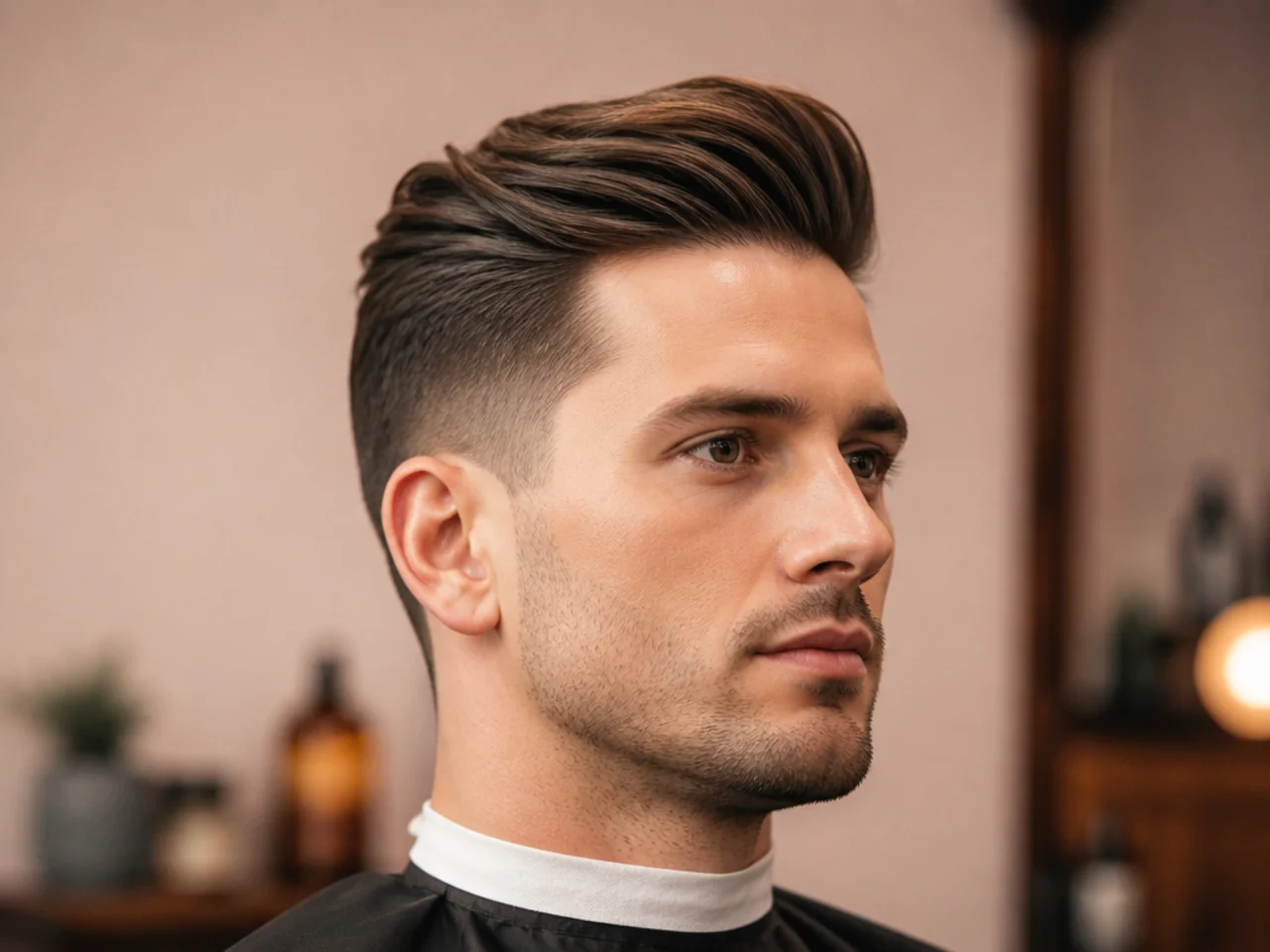 Classic pompadour with height at the front and tight faded sides