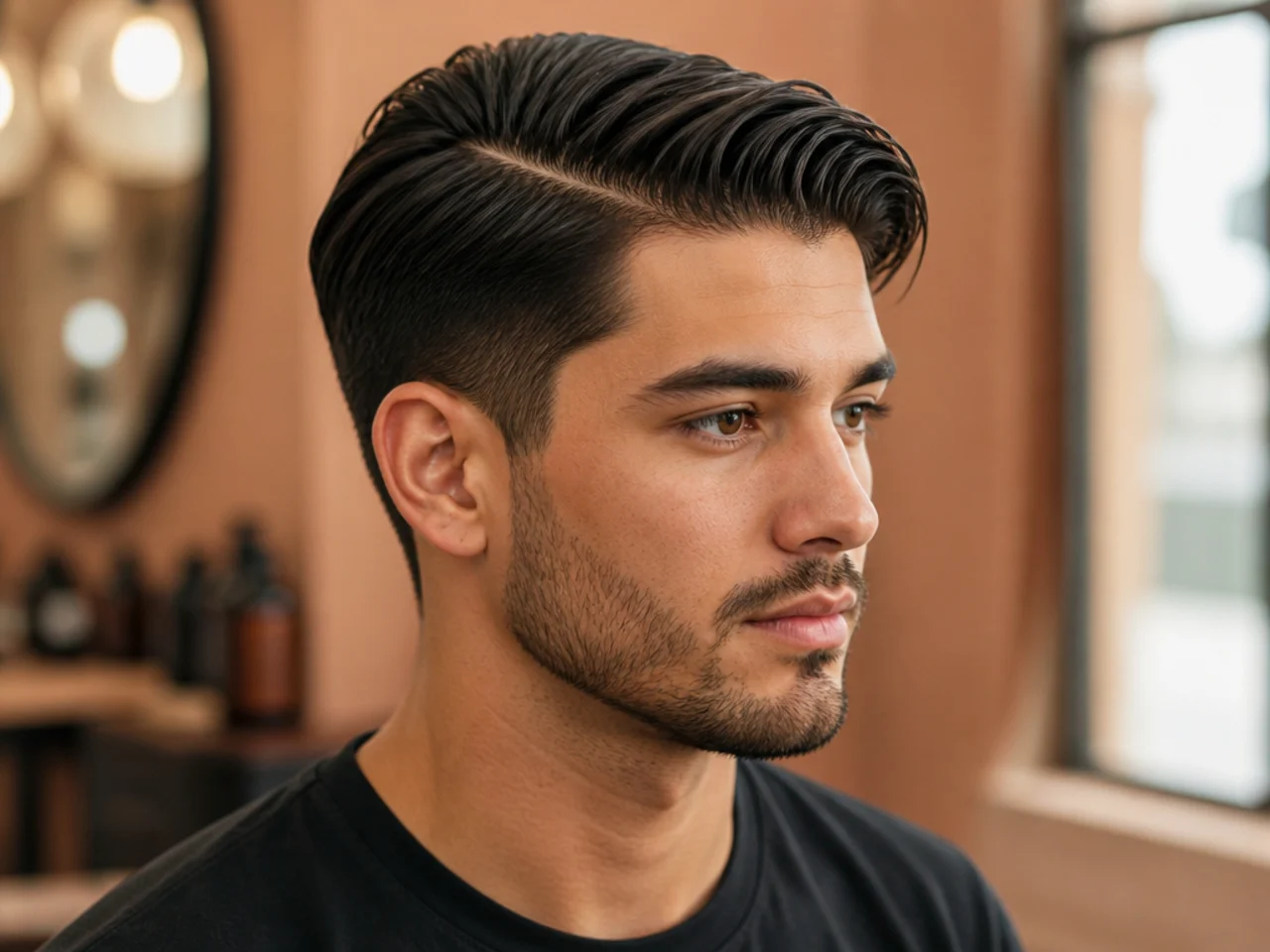 Classic side part on straight hair with a hard part cut in