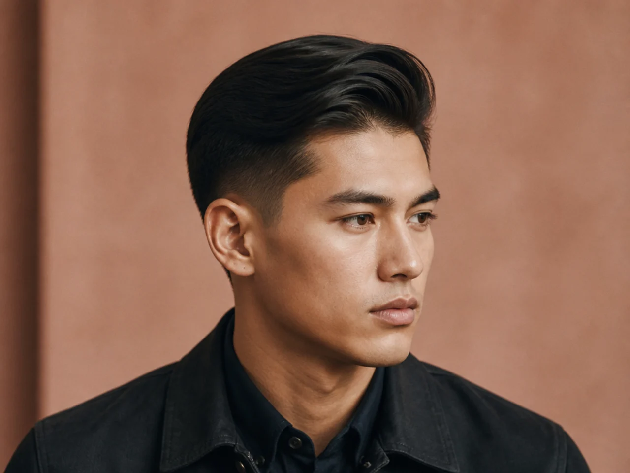 Comb over with a mid fade and a hard part swept across the head