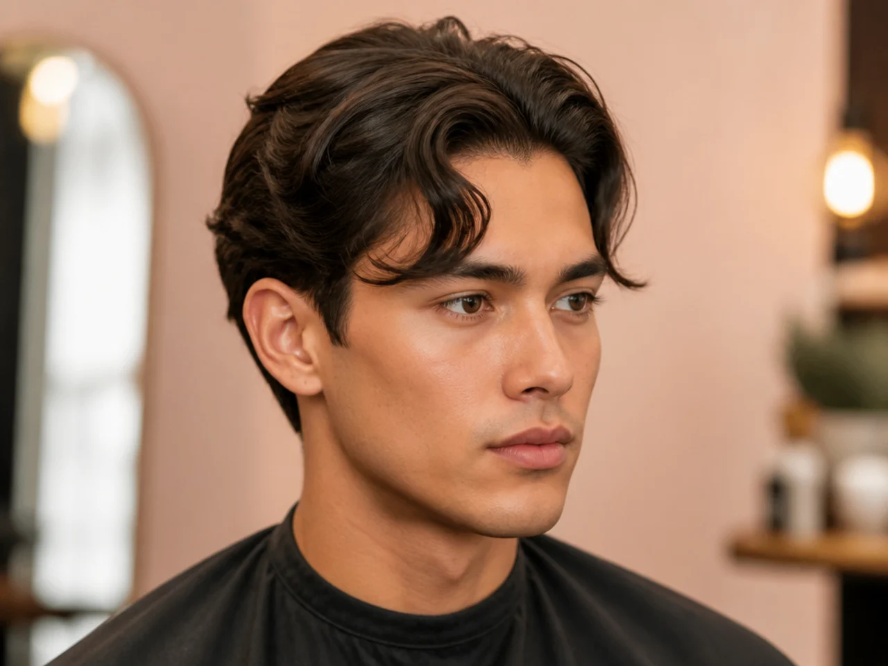 Comma haircut with a curled front lock pointing toward the eye