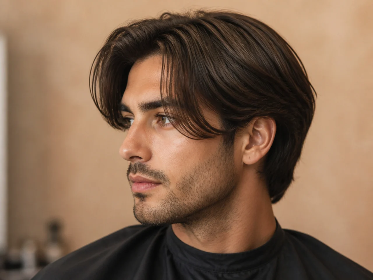 Curtain haircut with front sections sweeping outward from a center part