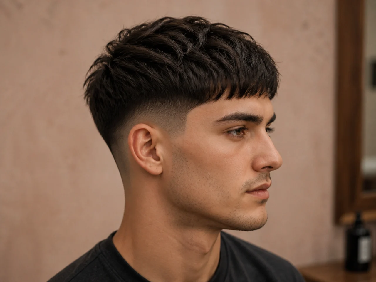 Edgar haircut with hard straight fringe line and skin fade