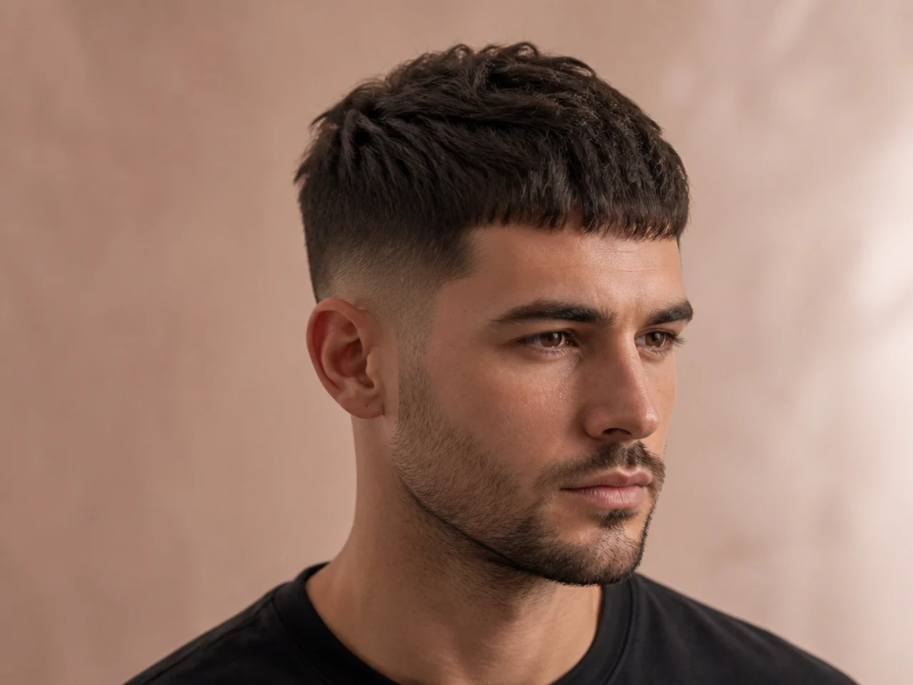 French crop with blunt horizontal fringe and tight skin fade