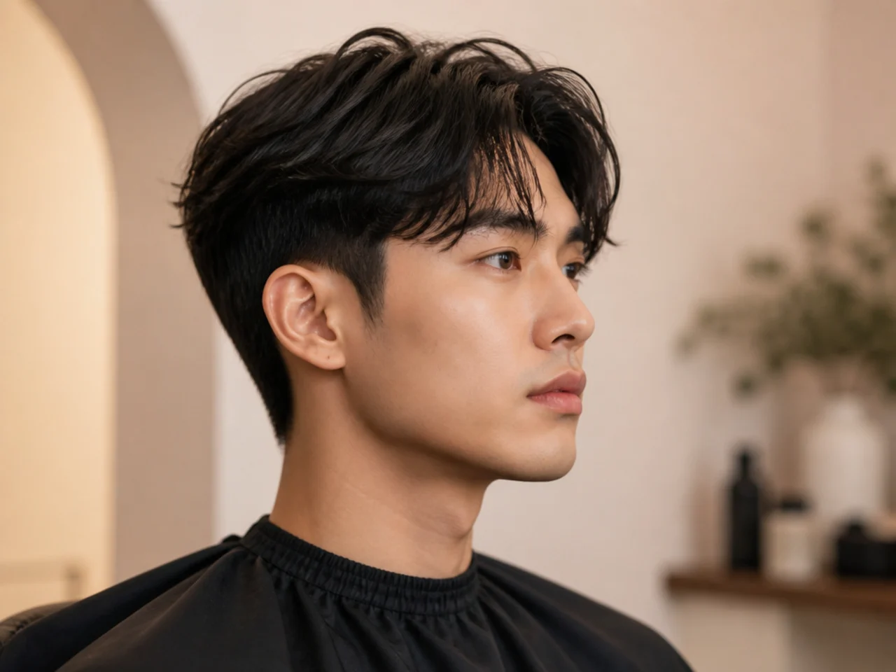 Korean two-block haircut with hard ledge and longer top on straight hair
