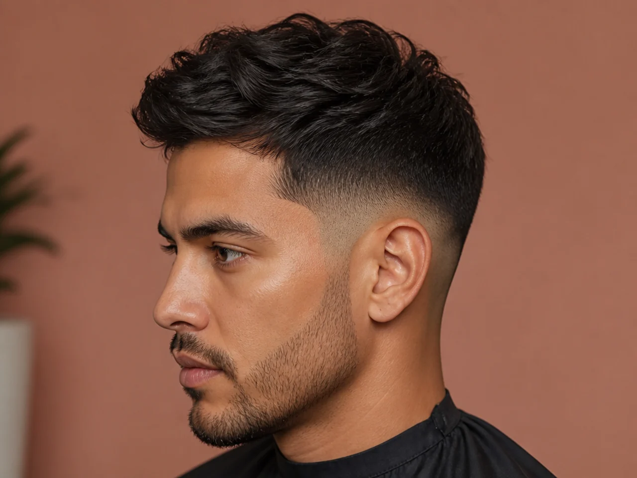 Low fade blended from above the ear down to skin at the neckline