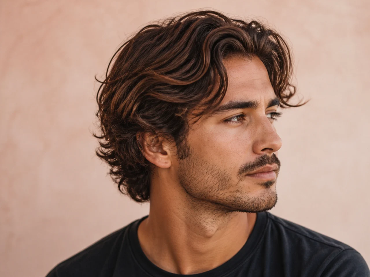 Medium flow surfer hair on wavy blond hair pushed back from the forehead