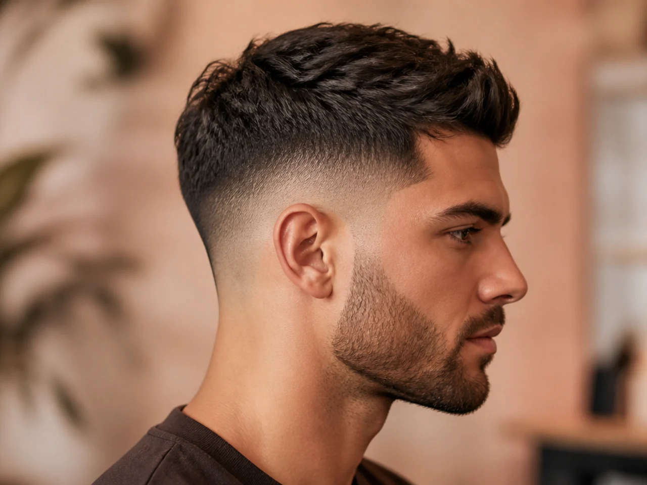 Mid fade starting at the temple and blending down to skin near the ear