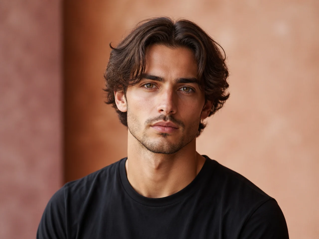Middle part haircut with medium top flowing outward on both sides