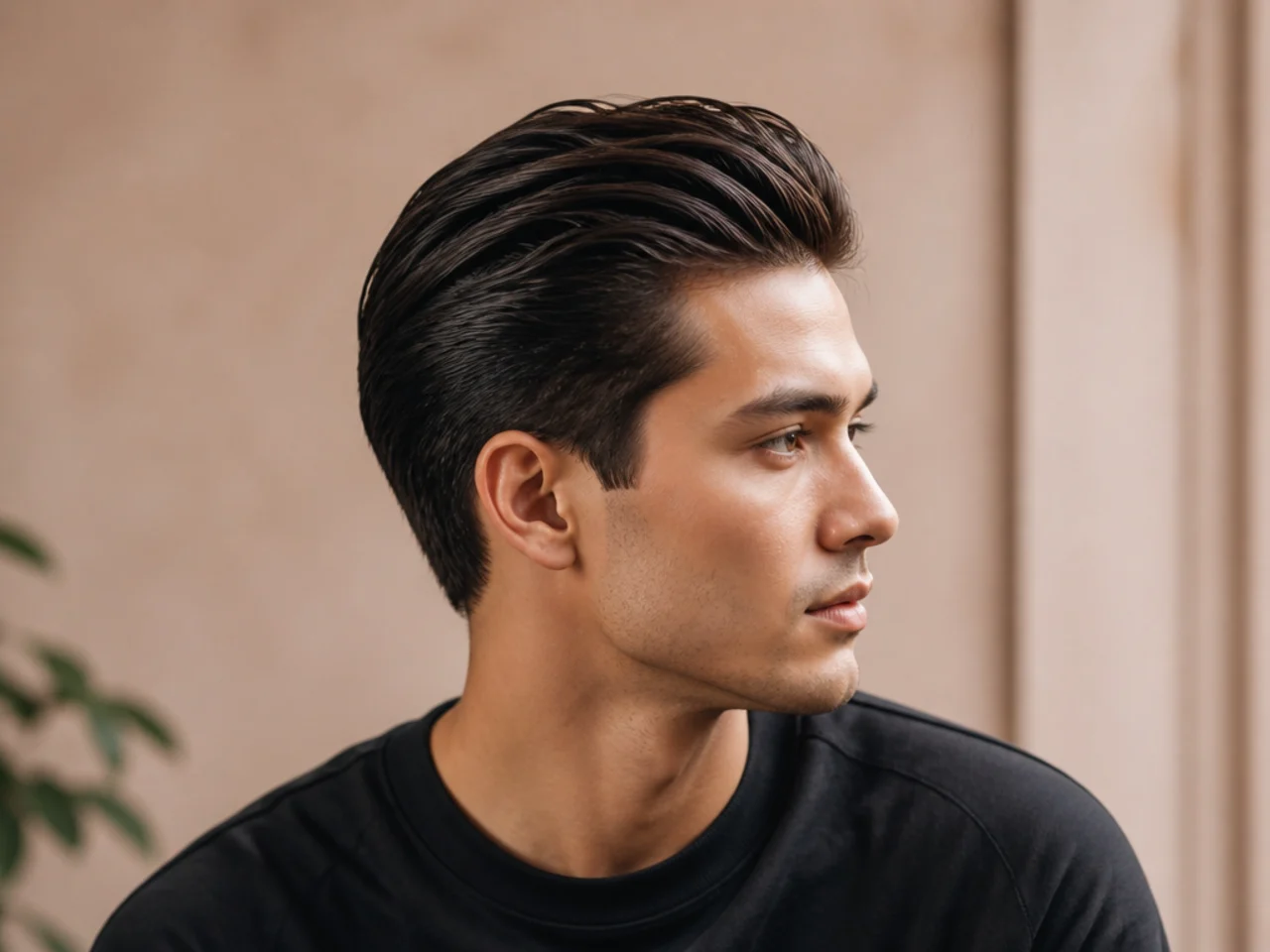Modern matte slick back on wavy hair with a low fade