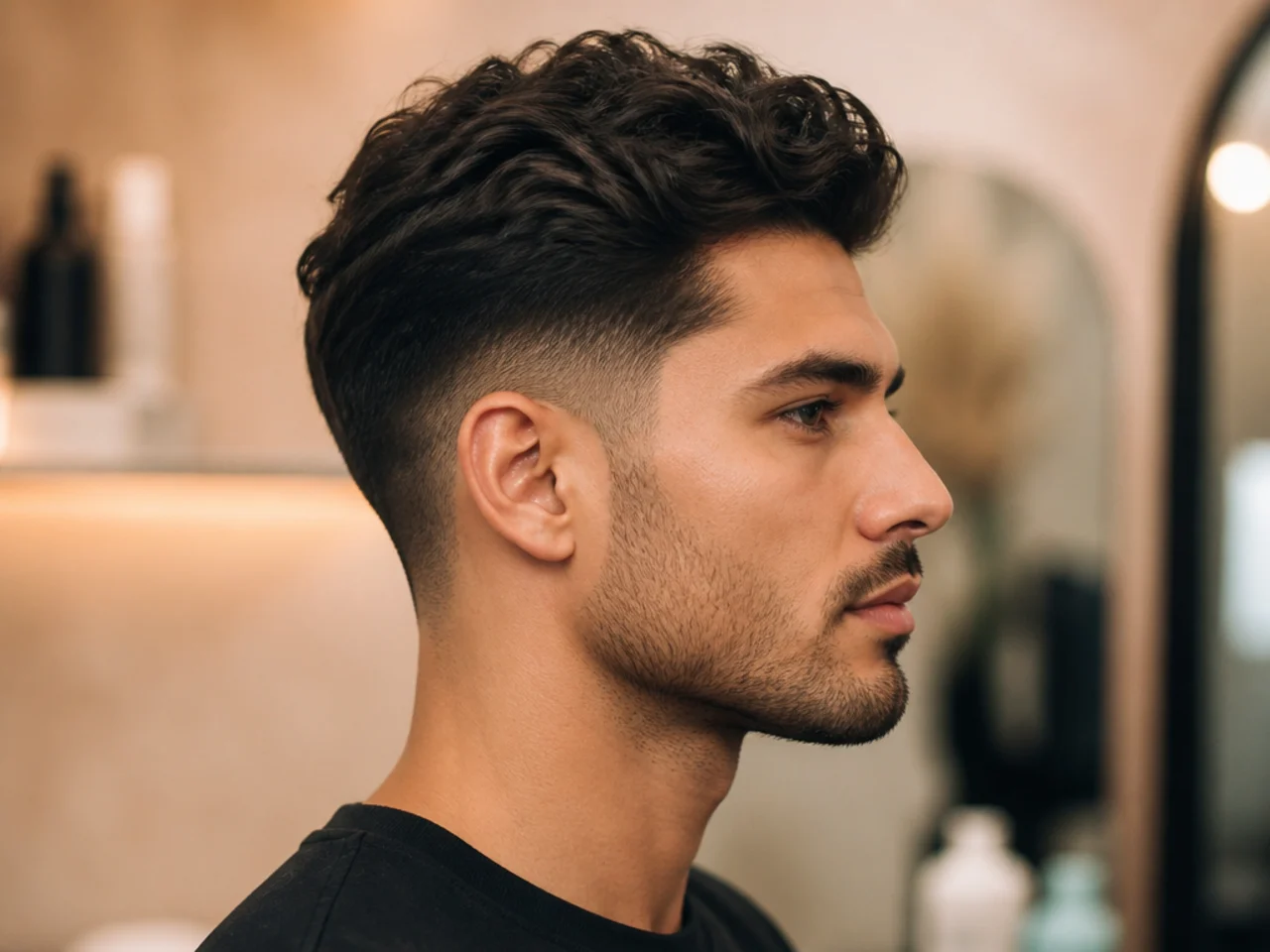 Styling products for men including matte clay, sea salt spray, and pomade laid out on a barbershop counter