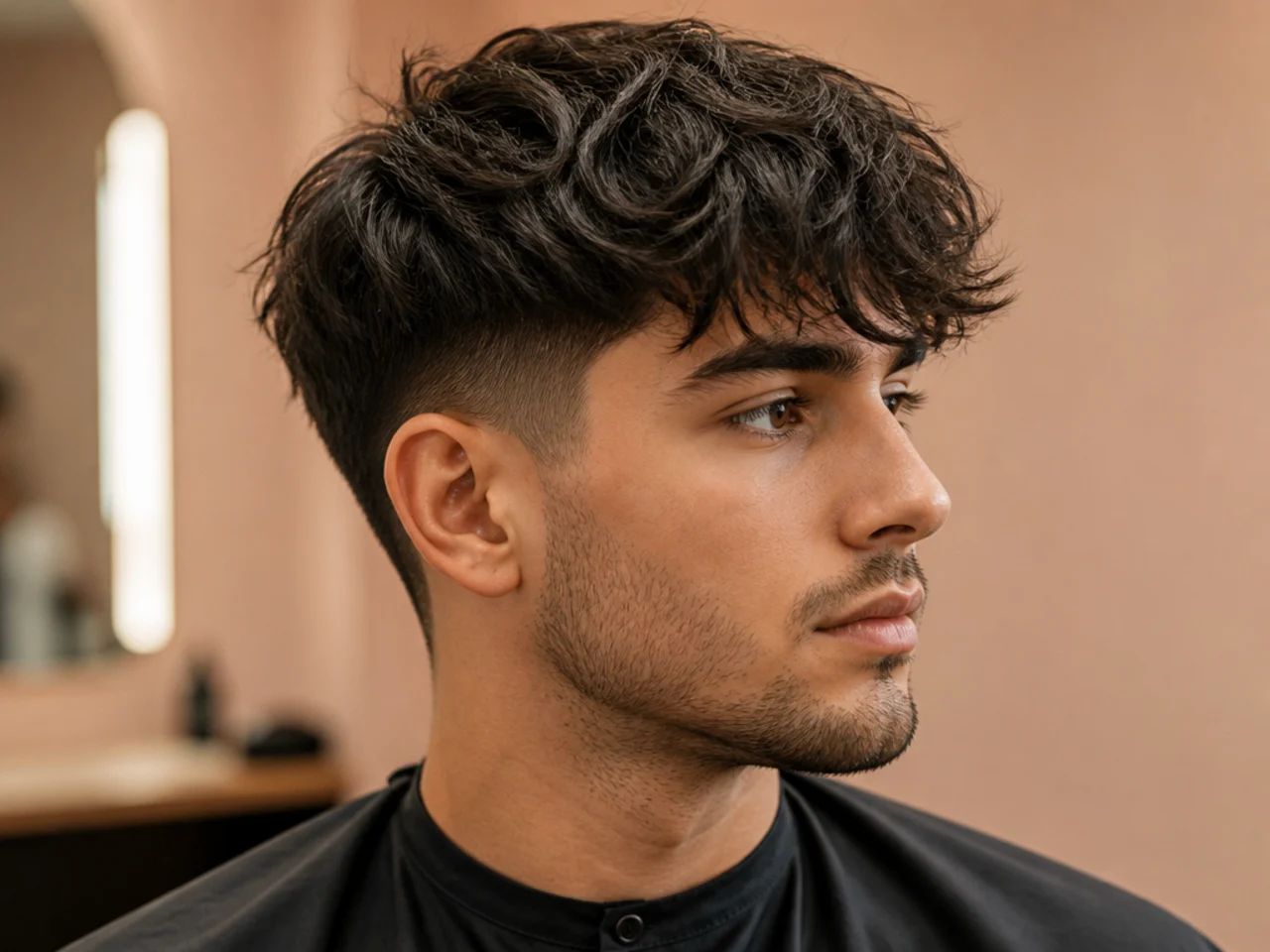 Textured fringe with soft broken pieces sweeping across the forehead